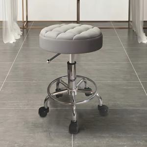TEMU 360° 회전 라운드 롤러 스툴, 300lbs 무게 용량, 미용실, 타투 스튜디오, 스파 마사지 침대용 조절 가능한 높이 - 크림색 실내 장식 및 검은색 바퀴가 있는 메탈 프레임, 살롱 좌석 | 세련된 라운드 스툴 | 회전 기능