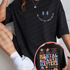 TEMU 플러스 사이즈 여성용 멘탈 헬스 매터스 그래픽 티셔츠 - 밝은 핑크 오버사이즈 반팔 라운드넥 캐주얼 탑, 긍정적인 메시지 & 플로럴 프린트 디자인, 봄 여름 편안한 착용감 티