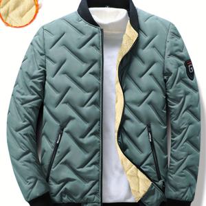 TEMU 남성용 포근한 플리스 안감 퀼트 재킷 - 두꺼운 겨울 코트, 야구 칼라, 지퍼 앞면 및 측면 포켓, 흰색에 검은 트림, 가을/겨울 캐주얼 스타일, 겨울 재킷