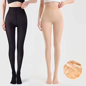 TEMU 여성을 위한 두꺼운 기모 안감 타이츠 2매 세트. 가을, 겨울철에 자연스러운 바레 레그룩을 제공하며, 라이트 베이지 및 블랙 색상으로 제공됩니다.