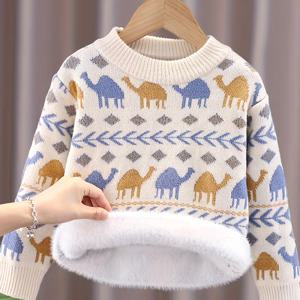 TEMU 소년용 두꺼운 벨벳 니트 스웨터 - 겨울 따뜻한 카툰 캐멜 & 패턴 긴팔 라운드넥 핸드워시 가능한 편안한 유아복, 유행하는 키즈 패션, 부드러운 소재 의류