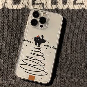 TEMU 아이폰 15/15플러스/15프로/15프로맥스, 아이폰 14/14플러스/14프로/14프로맥스, 아이폰 13/13프로/13프로맥스, 아이폰 12/12프로/12프로맥스, 아이폰 11/11프로/11프로맥스, 아이폰 7/8플러스, 아이폰 Xr/Xs맥스용 블랙 크리스마스 트리 고양이 투명 폰 케이스, 얼룩 방지, 패션, , 선물