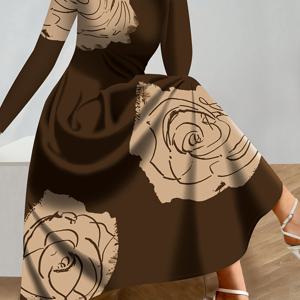 TEMU 우아하고 세련된 장미 프린트 라운드넥 긴팔 원피스. 봄, 가을에 적합한 루즈핏 롱 드레스의 오리지널 디자인입니다.