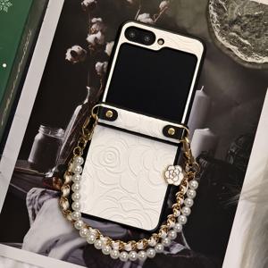 TEMU 럭셔리 플라워 프린트 고품질 인조 가죽 패션 보호 커버 진주 꽃 스트랩 끈이 달린 삼성 갤럭시 플립 6, 플립 5, 플립 4, 플립 3 5G 폴딩 휴대폰 케이스|휴대폰케이스|케이스|핸드폰스트랩