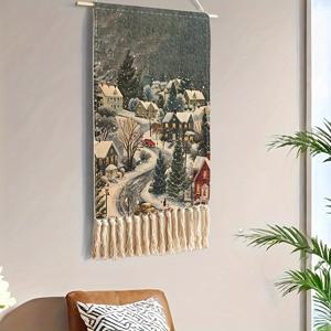 TEMU 1 태슬 타피스트리, 만화 유화 크리스마스 마을 프린트 패턴 방 침실 장식 벽걸이, 손으로 제작된 세탁 가능한 홈 데코 타피스트리
