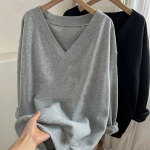 TEMU 여성용 루즈핏 V넥 캐주얼 스웨트셔츠 세트 2pcs, 가을과 겨울에 적합
