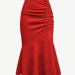 TEMU 여성용 우아한 인어 꼬리 스커트 - H라인 실루엣과 물결 모양 랩 트레인, 부드러운 미디엄 길이 A라인 헤미 드레스 (허리밴드 없음) - 세탁기 사용 가능 브라운/베이지 올시즌 파티 웨딩 게스트 드레스