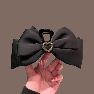 TEMU 우아한 블랙 양면 리본 헤어 클립, 라인스톤 하트 디자인 – 스타일리시한 업두 및 액세서리용 대형 아크릴 상어 클립, 상어 헤어 클립