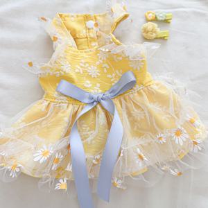 TEMU 여름 데이지 멜빵 스커트 3개 세트 + 노란 파인애플 리본 머리핀 조합, 랜덤 2개의 애완동물 용품, 강아지 옷, 고양이 용품, 봄 리본 요정 세트
