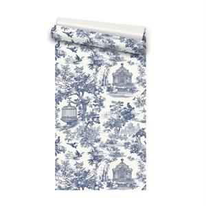 TEMU 1 롤 레트로 농촌 스타일 자체 접착식 벽지, 파란색 국가 새와 식물 풍경 디자인, 껍질과 붙이는 접촉용 종이, 방수, 분리 가능, 쉽게 적용할 수 있는 크기: 44cm/3/5/10m, 침실, 계단, 거실, 사무실 배경 벽 홈 아트 장식 스티커, 가구 캐비닛 리노베이션 DIY