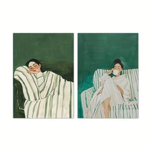 TEMU 2pcs 추상 인물 벽 미술 프린트, 녹색 줄무늬, 현대 레트로 스타일, 사람 테마, 봄과 여름 시즌, 프레임리스, 실내 사용, 포트레이트 방향, 캔버스 아트워크