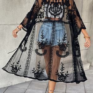 TEMU 여성스러운 우아함을 강조하는 블랙 메쉬 기모노. 롱 V넥 비치 커버업 스타일의 스타일 자수 수영복이 특징이며, 중년층에게 완벽하며, 풀 파티, 뮤직 페스티벌, 편안한 해변 휴가에 필수품입니다.