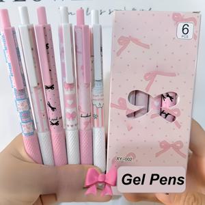 TEMU 0.5mm 미세 팁이 있는 6개의 리트랙터블 핑크 보우 젤 펜, 블랙 잉크, 라운드 볼펜, 편안한 그립과 빠른 건조, 부드러운 필기감, 일기장 노트용 적합, 사무실 학교 용품 선물