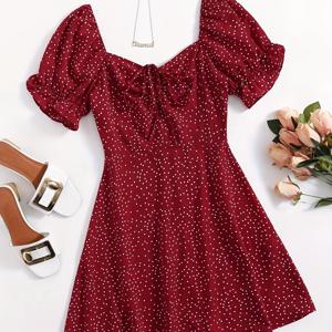 TEMU 여성용 우아한 스퀘어넥 퍼프 소매 프릴 드레스 - 레드 & 화이트 도트, 핏감 좋은 실루엣, 세탁기 사용 가능, 봄 여름 가을 캐주얼~세미포멀 웨어, 비침 방지 원단