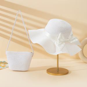 TEMU 백색 리본 장식 스트로햇과 크로스바디 백 세트, 여성용 웨딩 시즌, 봄/여름 야외 휴가, 해변 놀이, 파티 선물