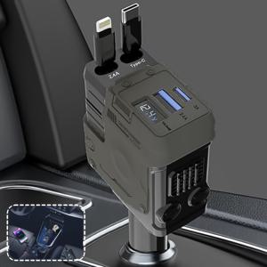 TEMU 새로운 4-In-1 고속 차량용 충전기. 31.5인치 확장 케이블, USB, Type-C 호환 지원. iPhone 16/14/13/12/11 모델 및 모든 기타 모델에 적합. 조절 가능한 플러그와 엉킴 방지 디자인으로 대시보드 설치에 이상적입니다.