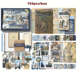 TEMU 154pcs--빈티지 여행 스크랩북 메모리 콜라주 키트, 일기, 장식 스티커, DIY 스크랩북, 플래너, 선물 아이디어, 여행 일기 | 빈티지 여행 테마 | 세부적인 삽화, 여행 액세서리
