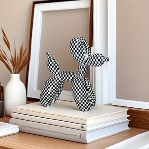 TEMU 흑백 격자 무늬 중간 크기 풍선 강아지 장식품 1개, 홈 데코용 동물 조각 - 책장, 커피 테이블, 사무실 책상용 아트 - 거실 및 가정용 장식 피규어|데스크테리어