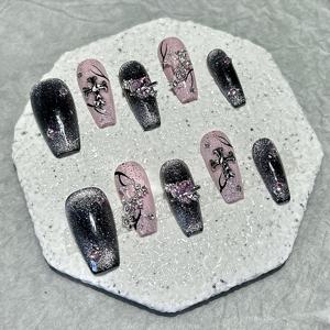 TEMU 반짝이는 핑크 주변에 사랑의 불꽃이 있는 수제 네일 10개, 고양이 눈 빛. 재사용 가능한 및 제거 가능한 네일 용품으로 젤리 스티커 1개, 네일 파일 1개가 포함되어 있습니다 (참고: 접착제는 포함되어 있지 않습니다).|젤네일|네일스티커