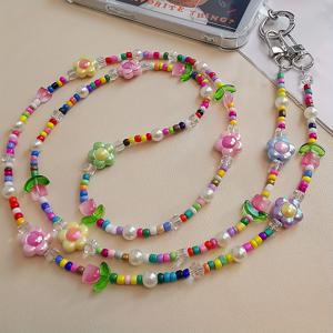 TEMU 달콤하고 신선한 튤립 DIY 수제 크로스바디 체인 컬러풀 꽃 모바일 폰 행잉 체인 로프 여성용 클립 스타일 휴대폰 케이스 유니버설 탈착식 행잉 버클 가방 체인 인 아웃도어 여행 하이킹 사진 쇼핑 비즈 행잉 체인