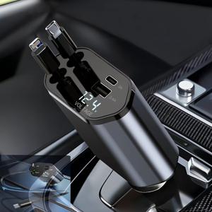 TEMU 4-in-1 자동 감김 차량용 충전기. 듀얼 자동 감김 디자인, USB C 고속 충전 기능, 듀얼 USB 포트, 4-in-1 자동 감김 케이블, USB 차량용 보조 배터리 어댑터가 특징입니다. 조절 가능 방향입니다.