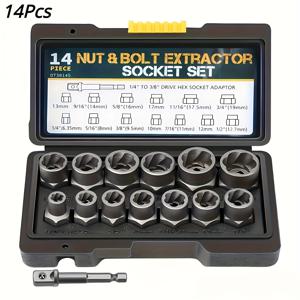 TEMU 14피스 스틸 임팩트 볼트 및 너트 제거 도구 세트, 13개의 추출 소켓과 3/8인치 드라이브 어댑터 포함된 전문가용 볼트 리무버 키트, 녹슨 또는 손상된 볼트, 나사, 너트를 위한 내구성 있는 제거 도구, 자동차 수리 및 일반 유지보수 작업에 적합