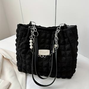 TEMU 여름용 스위트 토트백 1개, 대용량 나일론 여성용 숄더백, 지퍼 클로저가 있는 부드러운 핸드백, 4가지 색상(화이트/핑크/그린/블랙), 도시 테마, 폴리에스터 안감, 출퇴근 및 외출에 완벽