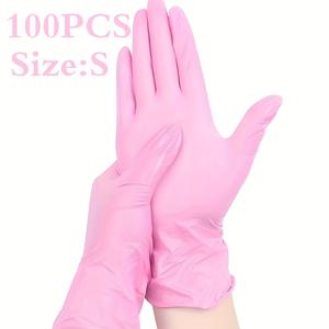 TEMU 100개 일회용 핑크 니트릴 장갑, 내구성 있고 탄력 있는 가정 청소용 장갑, 방수 기능, 집안 청소 및 염색, 애완동물 목욕에 적합, 양손 사용 가능, 무가루, 비의료용