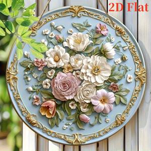 TEMU 2D 플랫 2D 플랫 꽃 벽 예술 - 우아한 둥근 나무 서명, 금색 프레임, 세부적인 장미와 백합 디자인, 집, 사무실, 또는 휴일 장식에 완벽, 축제적인 집 액센트 | 장식 벽 서명 | 세부적인 꽃 패턴, 벽 장식