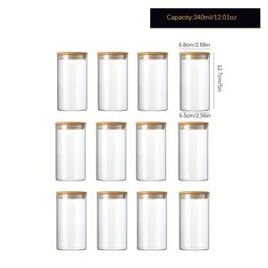 TEMU 보라실리케이트 소재의 투명 원형 유리 병 12개 세트. 210ml, 280ml, 340ml 사이즈로 제공되며, 곡물 및 커피 보관용으로 디자인되었으며 나무 뚜껑이 있습니다.