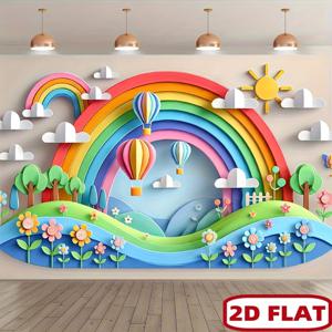 TEMU 2D 플랫 - 호박풍선과 태양이 있는 무지개 디자인의 폴리에스터 2D 플랫 배너. 파티, 사진 촬영 및 휴일 행사에 완벽한 배경으로 적합하며 실내 및 실외 모두 사용 가능합니다. 이 생생한 벽 아트는