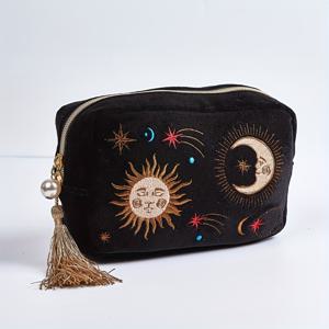 TEMU 대용량 천체 클러치 메이크업 가방, 금색 지퍼, 진주 태그 및 나누어진 포켓 - 우아한 검은색 폴리에스터 화장품 정리함, 여행, 집, 또는 선물로
