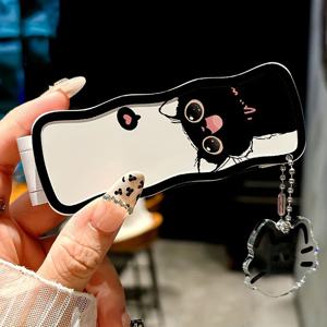 TEMU 스타 아이즈 블랙 캣 통합 접이식 콤팩트 미러 빗 에어 쿠션 - 휴대용 여행 메이크업 거울 조절 가능한 스탠드 포함 - 귀여운 참 장식품 제공 - 완벽한 선물