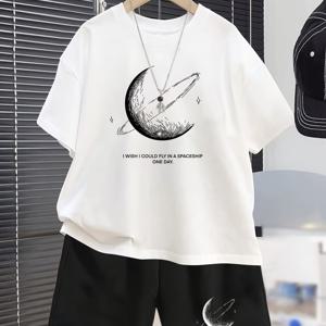 TEMU 청소년용 문 패턴 캐주얼 여름 반팔 세트, 5-6세, 6-7세, 8-10세, 12-14세, 14-16세용 아웃도어 스포츠 티셔츠와 쇼츠 투피스 의상 - 액세서리 미포함