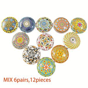 TEMU 스타일 세라믹 서랍 손잡이 12개 세트 | 수제 화분 기하학 패턴 손잡이, 설치 나사 포함, 빈티지 및 모던 캐비닛 장식에 적합.