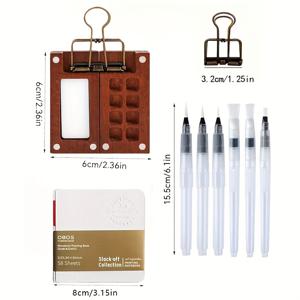 TEMU 9개 미니어처 수채화 세트 (그리드가 있는 나무 자석 팔레트 상자, 브러쉬 6개, 클립, 휴대용 스케치북 포함) - 여행용 수채화 그림용으로 디자인됨 (안료 및 잉크 제외)