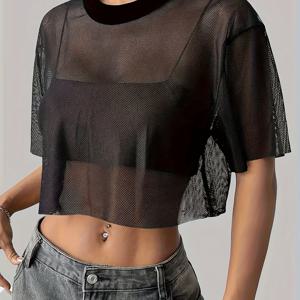 TEMU 여성용 캐주얼 세미시어 메쉬 티셔츠 - 통기성 루즈핏 라운드넥 크롭탑, 짧은 소매 & 중간 신축성 봄 여름 패션 티, 기계세탁 가능|크롭티