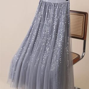 TEMU 여성용 2025 여름 우아한 하이웨이스트 시퀸 & 태슬 맥시 스커트 - 플로우 A라인 플레어드 우산 밑단, 루즈핏 솔리드 컬러 비투명 파티, 웨딩, 공식 행사, 결혼식 게스트 의상, 핸드워시 전용