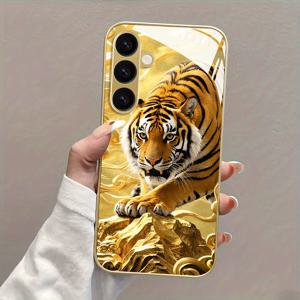 TEMU 휴대폰 케이스 - 골든 타이거 디자인의 세련되고 내구성이 뛰어난 메탈릭 페인트 유리 휴대폰 케이스. S25, S24, S23, S22, S21, S20 및 A 시리즈를 포함한 다양한 삼성 갤럭시 모델과 호환됩니다. 모든 계절에 적합한 훌륭한 선물입니다.