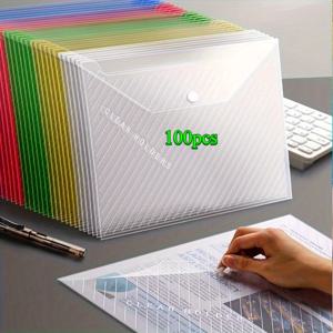 TEMU /100개 스냅 버튼 파일 폴더 - A4 레터 사이즈, 다양한 색상, 내구성 있는 플라스틱 문서 정리함, 사무실 및 학교용 백투스쿨 용품 & 서류 정리, 휴대용 파일 정리함, 세련된 디자인, 스냅 버튼 잠금