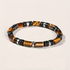 TEMU 남성용 천연 타이거 아이 스톤 팔찌 1개 - 블랙 & 브라운 마블 스타일 비즈, 신축성 있는 탄성, 데일리 & 포멀 남성용 주얼리 선물