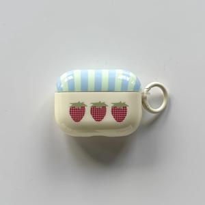 TEMU 패션 심플 블루 그린 세 개의 딸기 패턴 보호 이어폰 케이스 커버 에어팟 1 2 3 4 프로 프로2 프로3용