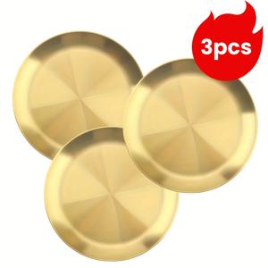 TEMU 3개 골든 스테인리스 접시, 7.9인치 라운드 디너 메탈 플레이트, 재사용 가능한 샐러드/스테이크 플레이트, 홈 키친 및 캠핑용 평면 서빙 접시, 피자와 바비큐용