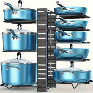 TEMU 8단 헤비듀티 금속 냄비 거치대 - 녹 방지, 미끄럼 방지 주방 정리대 (냄비 & 뚜껑 보관용) - 공간 절약형 스탠딩 디자인, 가정 및 레스토랑용 | 모던 키친 랙 | 내구성 강한 메탈 랙