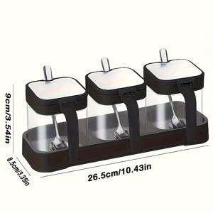 TEMU 1세트 커버드 조미료 병과 숟가락 스파이스 컨테이너, 투명 유리 조미료 병 조미료 상자 소금 컨테이너 설탕 병, 주방, 카운터, 식품 보관, 1 트레이+3 병+3 숟가락 (검정) - 주방 도구, 주방 용품