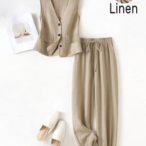 TEMU 여성 봄/여름 캐주얼 바캉스 린넨 수트 조끼 & 롱 팬츠 세트
