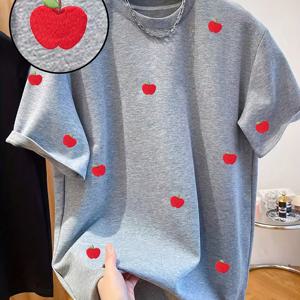 TEMU 여성용 애플 자수 티셔츠, 라운드넥, 반팔, 캐주얼 탑, 여름 및 봄에 적합, 여성 의류.