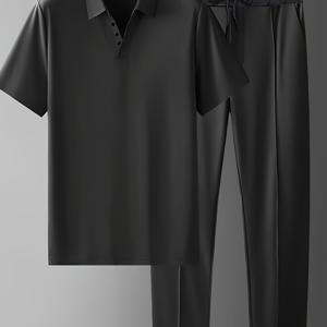 TEMU [Shule Water OBM] 2pcs 세트는 블랙 반팔 폴로 셔츠 (칼라 포함)와 긴 바지로 구성되어 있습니다. 편안한 원단으로 제작되었으며 스타일리시하고 다재다능하여 봄, 가을, 겨울, 여름에 모두 적합하며 , 휴가 등에 적합합니다.