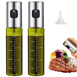 TEMU 2팩 올리브 오일 스프레이어 및 100ml 유리 디스펜서 병 - 공기 프라이어, 샐러드, 바베큐, 베이킹 및 로스팅용 식품 안전 비전기 디자인 - 투명한 컨테이너와 금속 캡, 주방 필수품, 올리브 오일 디스펜서, 베이킹 액세서리, 세련된 주방 용품, 금속 마감