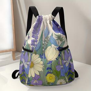 TEMU 대용량 플로럴 프린트 드로스트링 백팩 - 튼튼한 체육관, 여행, 해변용 백팩 조절 가능한 스트랩, 블루 퍼플 꽃무늬 패턴 - 내구성 있는 폴리에스터 여성 & 남성용 백팩, 하이킹, 캠핑, 일상 사용 - 가벼운 데이팩, 안감 없음, 캐주얼 백팩, 견고한 구조, 다용도 가방, 피트니스 애호가용